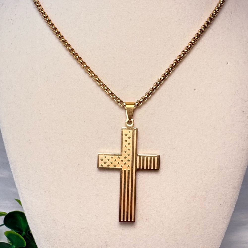 Gold Cross With American Flag Necklace - Picture 9 of 10